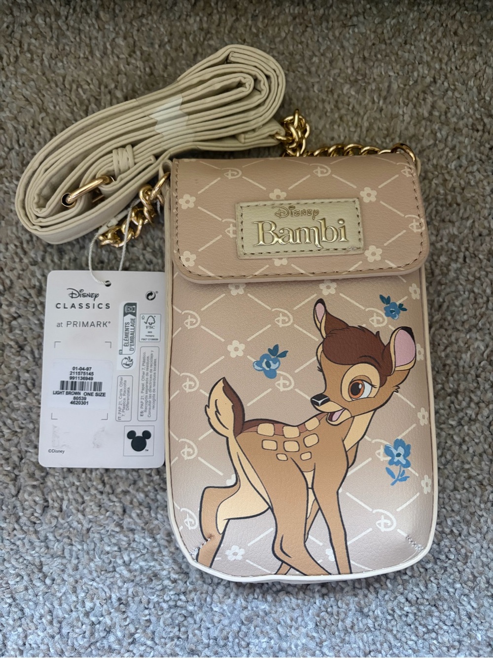 Disney Bambi Beige Crossbody Phone Pouch with Gold Hardware